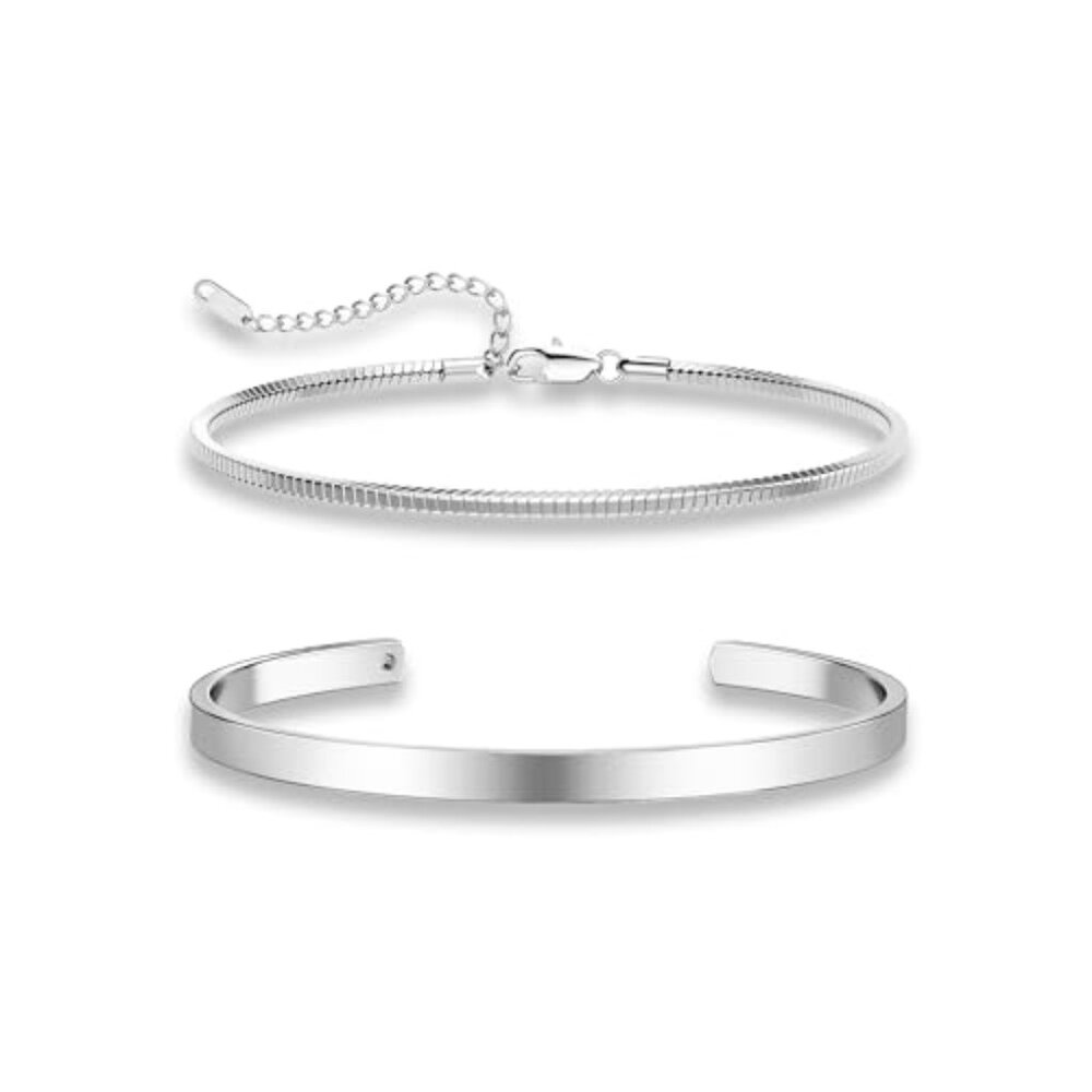 Sterling Silver Stackable Bracelet Set Minimal Ch… - image 2